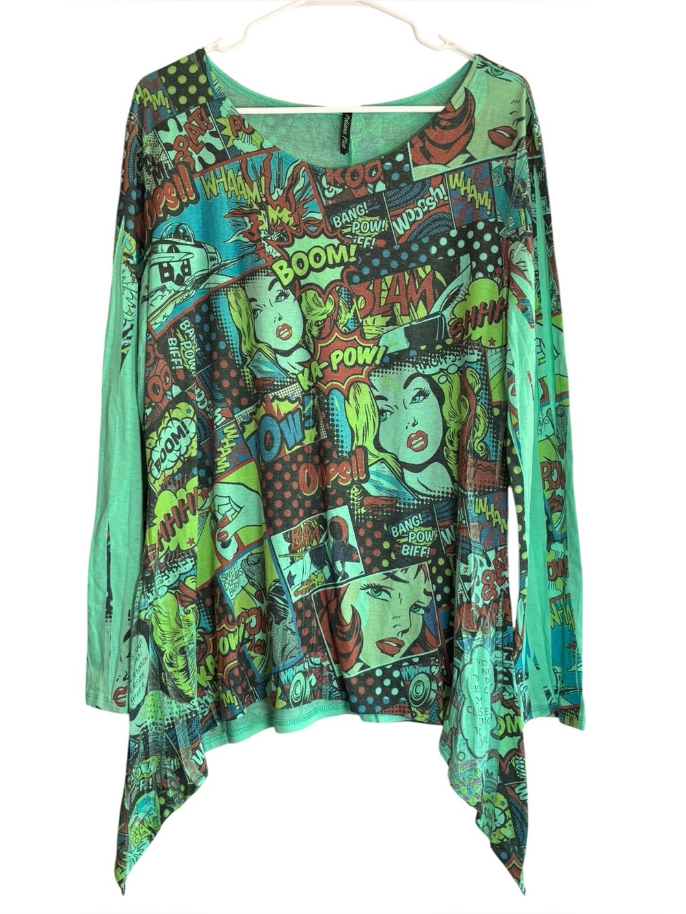 Poliana Plus 3X Pop Art Comic Print Sharkbite Tunic Top Mint Green